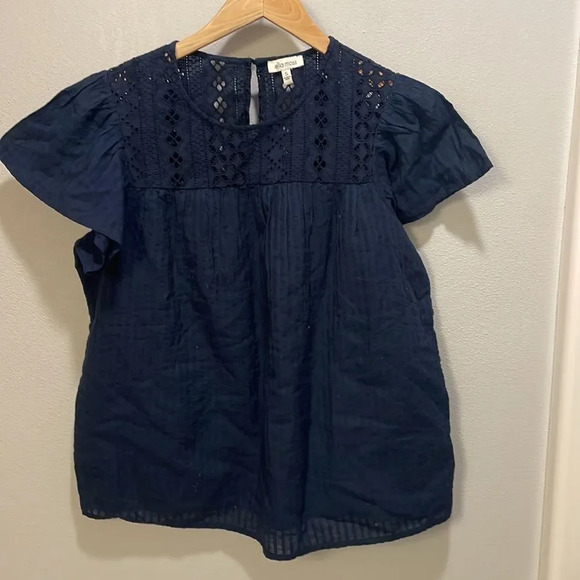 Ella Moss Dark Navy Blue Eyelet short sleeve top - Picture 2 of 12